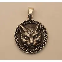 925 Zilveren hanger kat met pentagram op zijn kop - hanger kattenkop van zilver - katten bedel voor aan ketting - sterling zilveren katten hangers voor katten liefhebbers - leuke cadeau kattenhouders