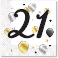 Decorata Party 40 Servetten met 21 en ballonnen en sterren - Wit - Zwart - Zilver - Goud - 33 x 33 cm - 2-Laags -