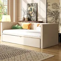 Merax Slaapbank 90/180x200cm - met uitschuifbaar bed - met lattenbodem - gestoffeerd bed - beige - zonder matras
