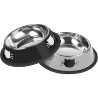 LONGZIMING -Set van 2 RVS Katzennäpfe met Antislip, Eet- en Drinkbak voor Katten, Stabiele Voer- en Drinkbakken, Zwart en Grijs