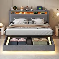 Merax 160x200 cm gestoffeerd bed met opbergruimte - met USB-aansluiting en LED-lamp - verstelbare hoofdsteun - grijs - zonder matras