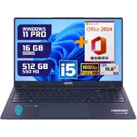 GMR Krachtige 15.6" Full HD Notebook | Snelle Intel Core i5 & 512GB SSD | 16GB DDR5 Geheugen | Windows 11 Pro Editie + Office 2024 voor Zakelijk, Thuis en Studie