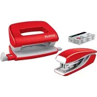 Leitz Set nietmachine en perforator - - Mini-Nietmachine Rood - Capaciteit 10 Bladen - 1000 Nietjes Inclusief - Compact Ontwerp