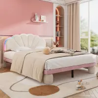 OKWISH Gestoffeerd Bed 140 x 200 - Eenpersoonsbed Met Golvend Hoofdbord - Inclusief LED-Licht - Fluweel - Beige + Roze