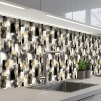 KitchenYeah Keuken achterwand 500x60 cm - Spatscherm zelfklevend Penseelstrepen - Schaduwpatronen - Zwart - Goud - Muurbeschermer - Spatwand fornuis