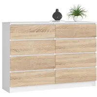 Akord Ladekast K140 met 8 Lades / Furniture Factory / Wit – Sonoma Eik / 138 x 99 x 40 cm