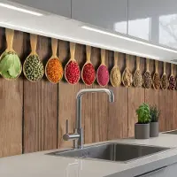 KitchenYeah Keuken achterwand 200x60 cm - Spatscherm zelfklevend Lepels - Kruiden - Hout - Muurbeschermer - Spatwand fornuis