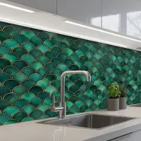 KitchenYeah Keuken achterwand 150x80 cm - Spatscherm zelfklevend Schubben - Structuur - Diepgroene - Goud - Muurbeschermer - Spatwand fornuis