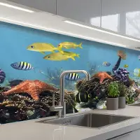 KitchenYeah Keuken achterwand 150x60 cm - Spatscherm zelfklevend Water - Koralen - Vissen - Lichtinval - Muurbeschermer - Spatwand fornuis