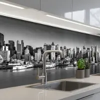 KitchenYeah Keuken achterwand 250x80 cm - Spatscherm zelfklevend Skyline - Stad - Wolkenkrabbers - Zwart - Wit - Muurbeschermer - Spatwand fornuis