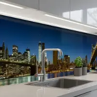 KitchenYeah Keuken achterwand 350x60 cm - Spatscherm zelfklevend Stadslichten - Avond - Skyline - Brug - Muurbeschermer - Spatwand fornuis