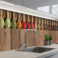 KitchenYeah Keuken achterwand 300x60 cm - Spatscherm zelfklevend Lepels - Kruiden - Hout - Muurbeschermer - Spatwand fornuis