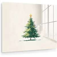 MuchoWow Glasschilderij 160x120 cm - Schilderij acrylglas - Kerstboom - Illustratie - Ster - Sneeuw - Foto op glas - Muurdecoratie woonkamer - Wanddecoratie slaapkamer - Schilderijen