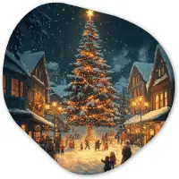 MuchoWow Organische wanddecoratie 90x90 cm - Organisch schilderij Kerstfeest - Dorp - Donker - Muurdecoratie woonkamer - Kamer decoratie - Schilderijen - Muurcirkel aesthetic