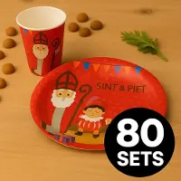 Partyproduct Sinterklaas Bordjes & Bekers Set – 80 Sets – Feestartikelen Sint & Piet – Borden Ø18 cm + Bekers 400 ml – Grote Sinterklaas Tafelset