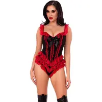 Leg avenue - Boned Ruffle Bodysuit with Bow Accent Kostuum - XS - Zwart/Rood