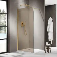 FortiFura Galeria Inloopdouche - 140x200cm - afgeronde glaswand - rook glas - wandarm - geborsteld messing PVD (Goud) SW1418368/SW797910
