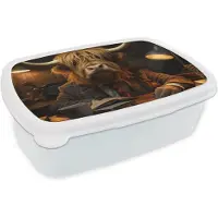 MuchoWow Broodtrommel Wit - Lunchbox Schotse hooglander - Dier - Pak - Bureau - Brooddoos 18x12x6 cm - Brood lunch box - Broodtrommels voor kinderen en volwassenen