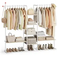 Songmics Open garderobekast met planken en kledingroedes, Natuurlijk beige + mat wit