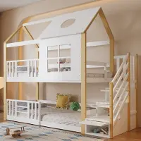 OKWISH Kinderstapelbed - 90x200 - Etagenbed Met Dak En Venster - Opbergruimte En Veiligheidshek - Grenen - Wit