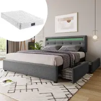 OKWISH Gestoffeerd Bed 140x200 - Bed met Opbergruimte en 4 Lades - LED Verlichting - Metaal - Grijs（Met matras）