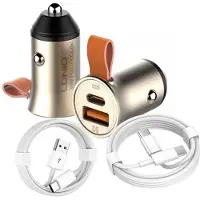 LDNIO Auto Oplader - 1x USB C naar USB C - 1x USB A Kabel (1.5M) wit & Auto Stekker - USB A & C Snel Lader 30W - PD20W/QC3.0 Autolader