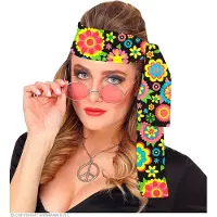 Widmann - Hippie Kostuum - So 60s Hoofdband Power Of Flower - Zwart, Multicolor - Carnavalskleding - Verkleedkleding