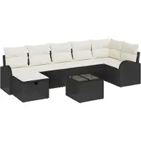 vidaXL Bankstel met kussen met opslag Zwart en Crème poly rattan
