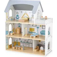 Mamabrum Houten Poppenhuis met Terras en Accessoires, Poppenhuis met 3 Niveaus, 5 Kamers, Huis met Meubilair, Poppenspeelgoedset, Hoogte 70.4 cm, Subtiele kleuren