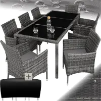 TecTake Tuinset Almansa - Tuinmeubelset voor 8 Personen - Wicker Zitgroep met Tuinstoelen en Tuintafel - Inclusief Beschermhoes en Kussens - Weerbestendig - Grijs
