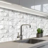 KitchenYeah Keuken achterwand 250x80 cm - Spatscherm zelfklevend Marmer - Tegels - Grijs - Wit - Muurbeschermer - Spatwand fornuis