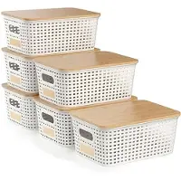 BOTC Opbergbox met houten deksel - Opbergdoos - Opbergmand - 6 stuks - 5L Kleine Opbergmanden - Bureaubladorganisator - Plastic- Wit