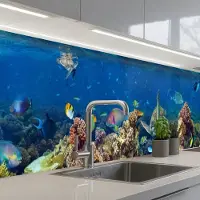 KitchenYeah Keuken achterwand 450x60 cm - Spatscherm zelfklevend Onderwaterlandschap - Vissen - Schildpad - Blauw - Muurbeschermer - Spatwand fornuis