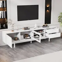 OKWISH TV meubel - Lowboard 200 cm met 2 deuren en 2 lades - Geschikt voor televisies tot 80 inch, veel opbergruimte - Spaanplaat + gehard glas - Wit