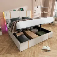 OKWISH Gestoffeerd Bed Tweepersoonsbedden - 160x200 cm - Bed Met Opbergruimte - Hydraulisch Opbergbed Met LED - USB Type C Oplaadfunctie In Hoofdbord - Linnenmateriaal - Beige