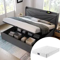 OKWISH Tweepersoonsbedden 160x200 cm - Bed Met Lade En Lattenbodem - Gestoffeerd Katoenen Bed - Grijs