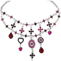 Behave – Statement Ketting – Zilverkleurig Rood Fuchsia – Luxe Kristallen – Glamour Look