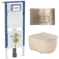 Geberit QeramiQ Dely Swirl Toiletset - 36.3x51.7cm - UP720 Duofix Sigma inbouwreservoir - 35mm zitting - geborsteld messing bedieningsplaat - rechthoekige knoppen - beige