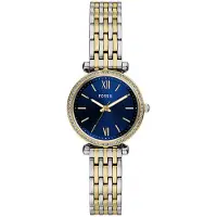 Fossil quartz zilver dames horloge met blauwe wijzerplaat & roestvrij stalen band