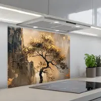 KitchenYeah Spatscherm 80x60 cm - Zelfklevende achterwand Boom - Goud - Landschap - Verf - Keuken muurbeschermer - Spatwand fornuis