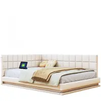 Merax Gestoffeerd Bed 160x200 - Linnen - LED Verlichting met Afstandsbediening en USB-poort - Houten Lattenbodem - Beige