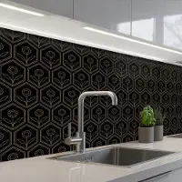 KitchenYeah Keuken achterwand 200x80 cm - Spatscherm zelfklevend Zeshoek - Zwart - Goud - Bloem - Muurbeschermer - Spatwand fornuis