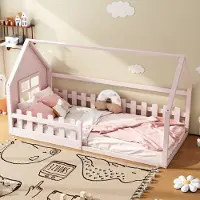 Merax 90x200 cm vlak bed - eenpersoonsbed - kinderbed - bedhek - roze - zonder matras
