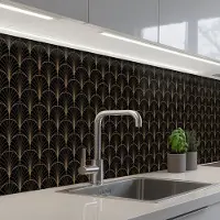 KitchenYeah Keuken achterwand 400x80 cm - Spatscherm zelfklevend Gouden - Waaiers - Zwart - Muurbeschermer - Spatwand fornuis