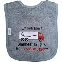 Funnies Grijs/blauwe slab met "Ik ben hier! Wanneer krijg ik mijn vrachtwagen?" - Rode vrachtwagen - lief, kraamcadeautje, cadeau, babyshower, rood, chauffeur, truck, trucker