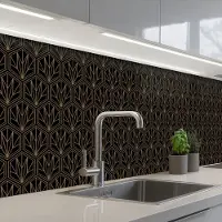 KitchenYeah Keuken achterwand 200x60 cm - Spatscherm zelfklevend Goud - Zwart - Lijnen - Muurbeschermer - Spatwand fornuis