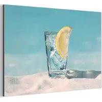MuchoWow Aluminium schilderij 90x60 cm - Wanddecoratie metaal - Glas - ijsblokjes - Citroen - Metalen muurdecoratie woonkamer - Decoratie industrieel - Foto op dibond - Industriële accessoires slaapkamer