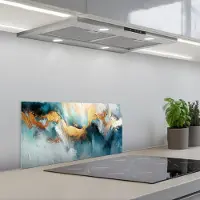 KitchenYeah Spatscherm 60x30 cm - Zelfklevende achterwand Abstract - Kunst - Gold - Blauw - Keuken muurbeschermer - Spatwand fornuis
