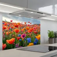 KitchenYeah Spatscherm 90x60 cm - Zelfklevende achterwand Bloemen - Klaprozen - Kleurrijk - Natuur - Keuken muurbeschermer - Spatwand fornuis