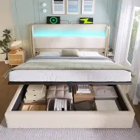 Merax 140x200 cm tweepersoonsbed - hoog hoofdeinde - met LED-verlichting - opbergruimte en USB/Type-C-aansluiting - beige - zonder matras